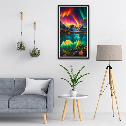 ARTGOTO Northern Lights Diamond Painting Kit for Adults 15.7 x 27.5 Inch | Large 5D Full Square Drill Diamond Art Kit, Aurora Mountain Lake DIY Gem Art Canvas with 2 Tool Sets, 30% Extra Diamonds - color: AGT015