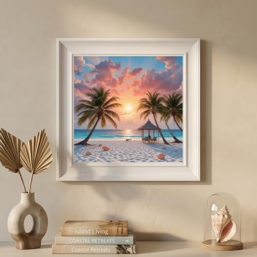 5D Beach Sunset Diamond Art kits for Adults Beginners 13.8x13.8inch | Coastal Ocean Palm Trees Diamond Painting Kit, DIY Full Round Drill Paint by Diamonds Dot Gem Art for Adult, Home Wall Decor - color: KM1195-1