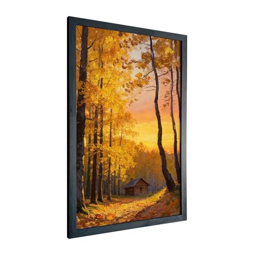 Seaofcity Autumn Golden Forest Cabin Canvas Wall Art Vintage Decor, Landscape Wall Art, Oil Painting Decorations, Black Wood Frame for Living Room Bedroom Bathroom Office Decorations, 8" W x 10" L - color: Golden Fall Cabin, size: 10"l X 8"w