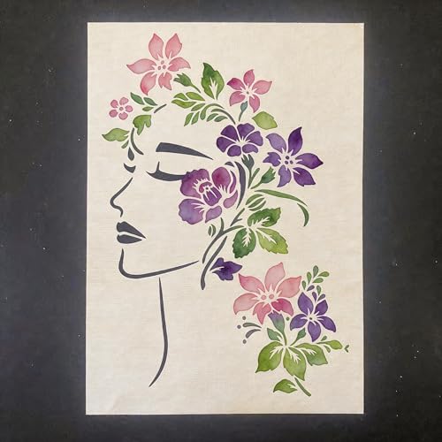 TIAMECH A4 Reusable Floral Woman Face Stencil for Painting | Elegant Lady Profile Layering Template, DIY Wall Art, Wood Furniture, Scrapbook & Crafts (8.3x11.7inch) - style: Floral Woman Face