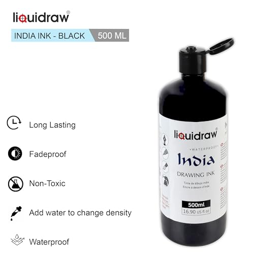 Liquidraw Black Drawing India Ink - 16.91 fl oz / 500 ml | Must-Have Artist Supply | Non-Toxic, Waterproof & Permanent | Suitable for Pens & Brushes | Use On Paper Board, Canvas, Fabric & Wood