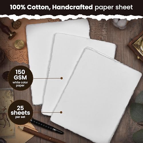 LEATHER VILLAGE Offwhite Deckled Edge Watercolor Paper 25 Sheets 4x6 Inches | Handmade cotton rag paper in natural offwhite tone, 150 GSM thick for calligraphy, letter writing, invitations and ink art - color: White, size: 6 X 4 Inch