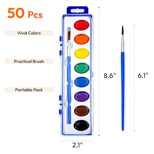 JEAWIWI 50 Pack Watercolor Paint Sets, 8 Washable Colors with Brushes - size: 1 Count (Pack of 50)