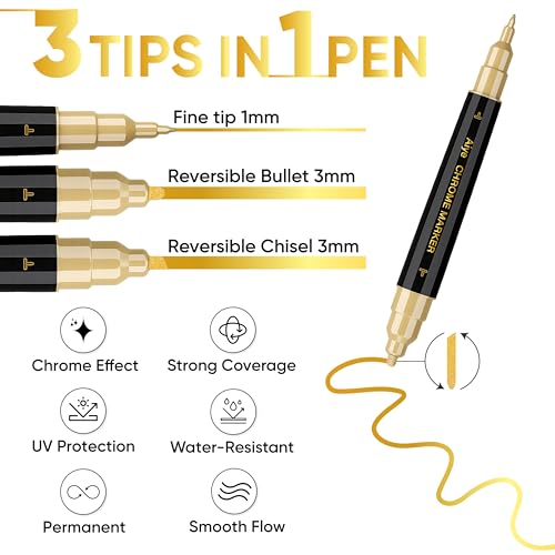 2PK Dual Tip Liquid Gold Chrome Paint Markers, Mirror Gold Pens | 1mm & 2-5mm Reversible Tips Permanent Metallic High Gloss Marker for Metal, Plastic, Fabric, Model, Touch-Up & Repair Kit - color: 2PK Dual Tip - Gold