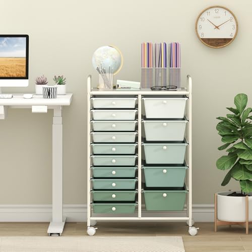 COSTWAY 15 Drawer Rolling Storage Cart, Mobile Storage Organizer | Removable Drawers & Metal Frame, Multipurpose Utility Tools Paper Organizer on Wheels for Home, Office (Green Gradient) - color: Green Gradient, size: 15 Drawer