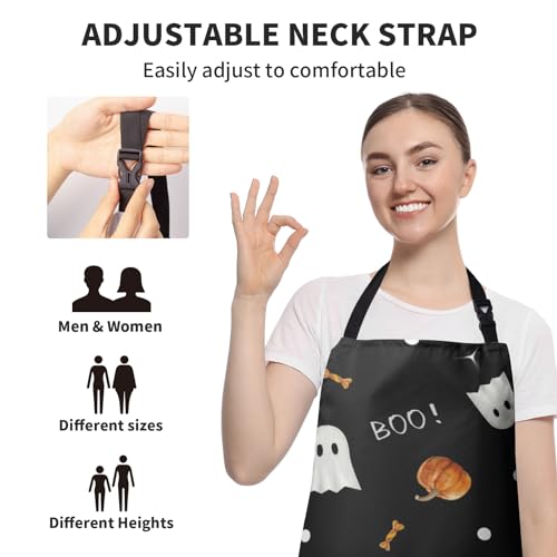 Halloween Kitchen Apron with Pockets Orange Pumpkin Cute White Ghost Chef Aprons Spooky Boo Holiday Waterproof Adjustable Aprons for Women Men Cooking - color: Ghost Pumpkin