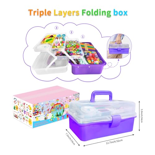 Itopstar 3000+ Kids Arts and Crafts Supplies for Kids Girls Ultimate Crafting Supply Set in Portable 3 Layered Plastic Art Box All in One for Craft DIY Art Supplies Crafts for Girls 8-12 - color: Purple 3000pcs