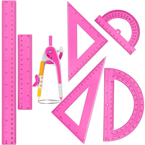 Zonon 1 Set Plastic Geometry Math Set 7 Pcs Includes 6'' / 4 '' Protractor, Drawing Compass, 45/60 Degree Triangle Rulers, 12'' / 6'' Math Ruler Transparent for Office Supplies(Pink) - color: Pink