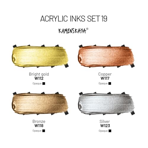 Kamenskaya Acrylic Ink Set – Essential Metallics – 4 x 1 Fl Oz Bottles - color: Silver, Copper, Bronze, Gold, style: Metallic