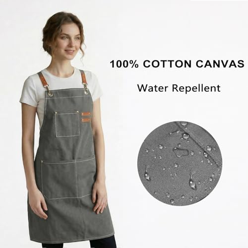 ZOMAO Chef Apron for Women Men with Large Pockets, Cotton Canvas Cross Back Waterproof Work Aprons for Kitchen Cooking Bib - color: Grey