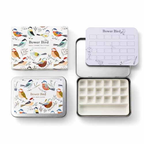 Bower Bird Travel Ceramic Watercolor Palette with 12-Well Porcelain Mixing Tray & Metal Tin Box - Portable Art Kit for Gouache, Studio & Outdoor Painting (18Well) - size: 18 Wells