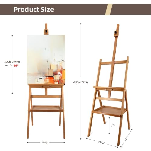Large Solid Beech Wood Painting Easel H-Frame with Storage Plate - color: Nature Light