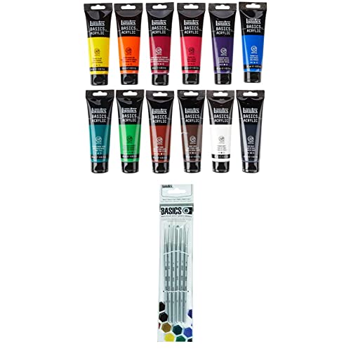 Liquitex Basics Acrylic Paint Set 12 x 118ml Tube Set + 6 Short Handle Brushes