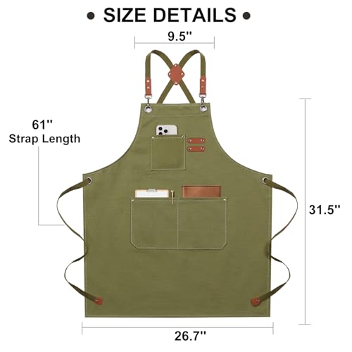 ZOMAO Chef Apron for Women Men with Large Pockets, Cotton Canvas Cross Back Waterproof Work Aprons for Kitchen Cooking Bib - color: Greygreen