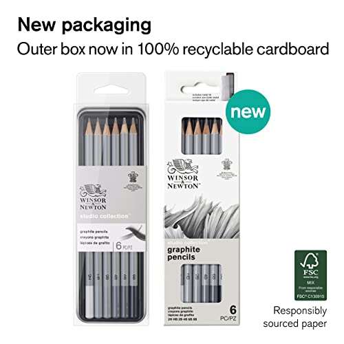 Winsor & Newton Studio Collection, Graphite Pencils, Set of 6 | Soft, Thick Core pencils, Varied Hardness, Soft Smooth Texture, Easy Blending, Stylish Metal Tin Included, High Quality Lead - style: 6 Graphite Pencils