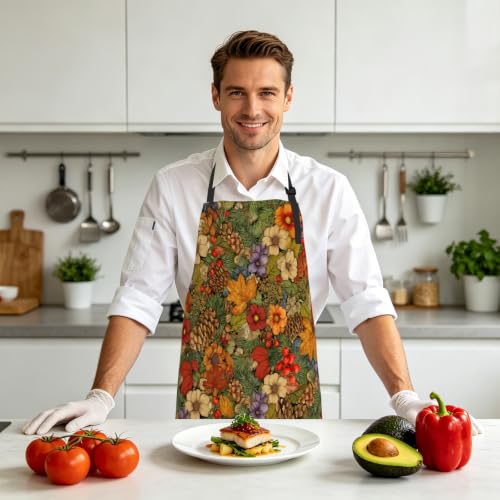 Fall Winter Aprons Pinecone Red Berry Kitchen Apron with 2 Pockets and Adjustable Neck Strap Autumn Thanksgiving Maple Leaf Flowers Cooking Apron for Baking Crafting Gardening - color: Fall Winter