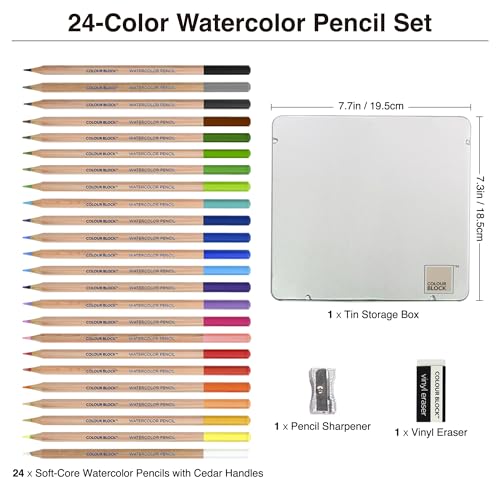 COLOUR BLOCK 24PC Premium Cedar Wood Watercolor Pencil Set with I Ideal pencil kit for Drawing, Sketching, Coloring and Painting travel watercolor pencils