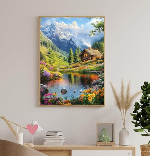 Accompany Wind Mountain Diamond Art Kits for Adults, 5D Mountain Cabin Landscape Diamond Painting Kits for Beginners,DIY Round Full Drill Diamonds Gem Art Crafts for Home Wall Decor Gifts 12x16 Inch - color: Snowy mountain cabin