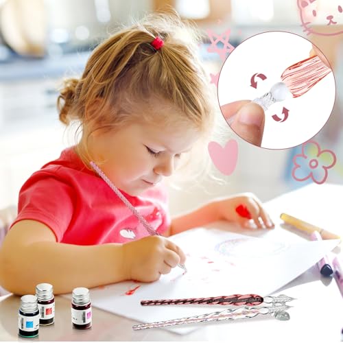 Zonon 14 Pcs Glass Dip Pen Ink Set for Art Supplies,Purple Pink Color Style | 6 Crystal Dip Pen with 6 Colorful Ink 2 Holder, Crystal Signature Calligraphy Pen, Art Writing Supplies, Artists Teacher Gift - color: Purple Pink Color System