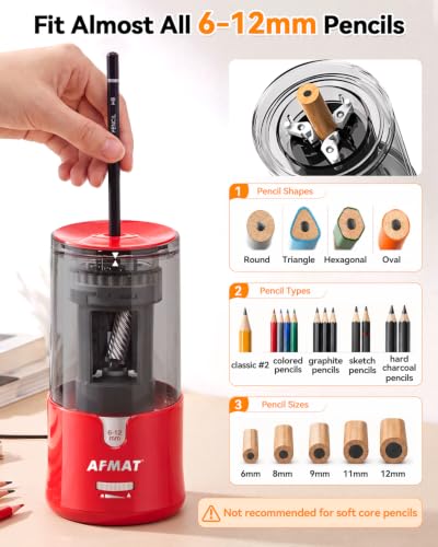 AFMAT Electric Pencil Sharpener, Plug-in Pencil Sharpener for 6-12mm Pencil - color: Red