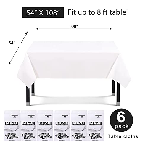 Eleclassi White 6 Pack Premium Disposable Plastic Tablecloth 54 x 108 in - Plastic Table Cloth Disposable Tablecloth for Rectangle Table Up to 8 Feet - color: White