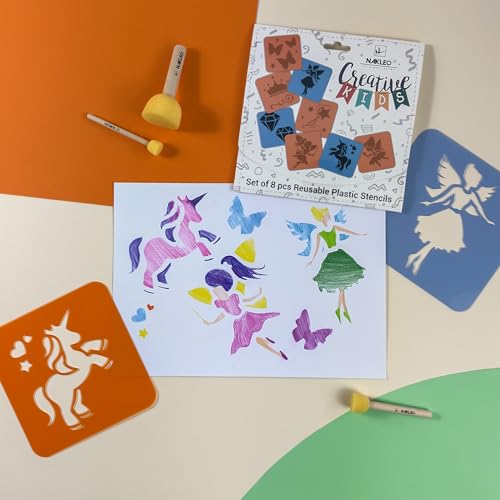 NAKLEO Painting Stencils for Kids, 8 Pcs Set 6x6” Fairies Tales, Children Creative Drawing Templates Plastic and Reusable, DIY Decoration Arts and Crafts, Paper Wall Wood Fabric - color: FAIRIES – TALES