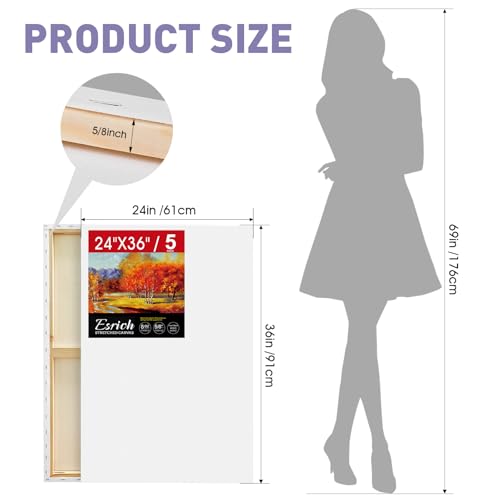 ESRICH Stretched Canvas for Painting 24x36 Inch, 5Pack Large Canvas for Painting, Primed Acid-Free Cotton Blank Canvases, Art Paint Canvases for Oil Paint,Watercolor,Acrylic Paint,Gouache and Tempera. - size: 24X36IN 5 Packs