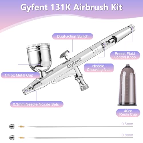 Gyfent Airbrush Kit with Paintbrush & Stencils for Painting | with Quick-Release Nozzle Sets(0.3/0.5/0.8mm) Dual-Action Gravity Feed Air Brush for Art Painting Nail Makeup Cake - size: Basic with Stencils