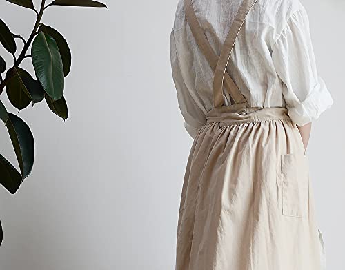 VLZUFE Women Cotton Linen Cross Back Apron with Pockets for Gardening Works Pinafore Dress - color: Wheat