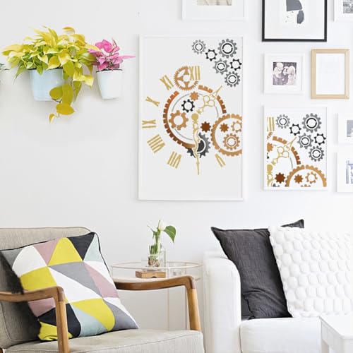 MAYJOYDIY 3Pcs Vintage Gear Stencils Mechanical Art Painting Stencil 11.8×11.8/11.7×8.3inch Reusable Gear Clock Drawing Template with Paint Brush for Craft on Window Wood Wall Home Decor - style: Vintage Gear