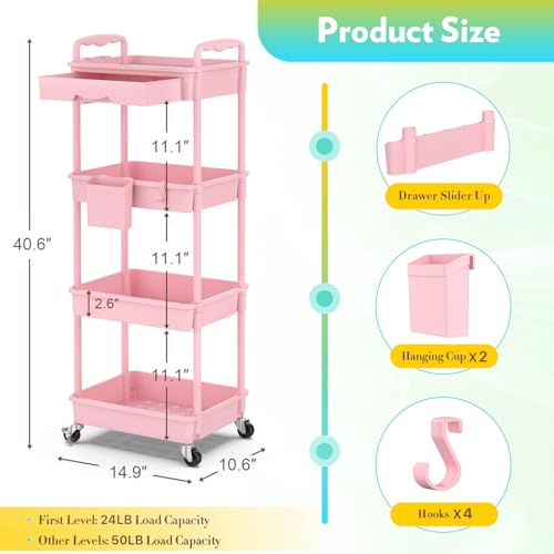 SUNALLY Makeup Cart Organizer with Drawer, 4 Tier Rolling Makeup Cart, Pink - color: Pink, size: 4 Tier
