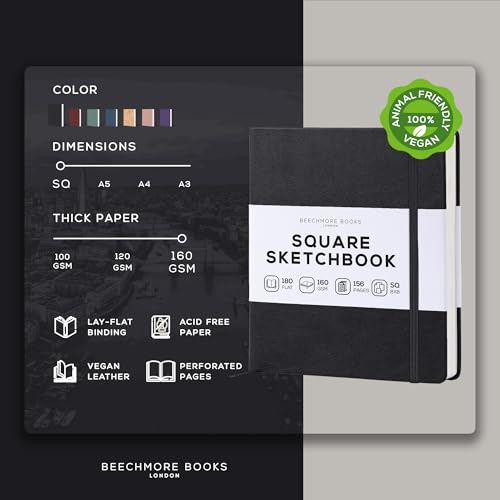 Beechmore Books 8x8 Square Mixed Media Sketchbook 160 GSM/98lb, Gift Box | Vegan Leather Hardcover Art Journal with Lay-Flat Binding, Perforated Ivory Pages for Drawing & Doodling - color: Charcoal Black, size: Square - 8" x 8"