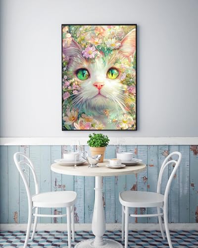 Cat Floral Diamond Art Kits for Adults, 5D Diamond Painting Kits for Adults | Cat Flowers Diamond Art Painting Kits for Adults Beginners, DIY Full Round Drill 5D Gem Art Paint by Diamonds Dot 12x16 Inch - color: Cat
