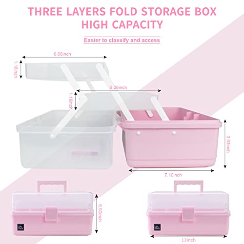 Creahaus 13 inch Art Craft Organizer Storage Box with 3 Layer, Multipurpose Plastic Tool Box with Handle for Sewing, Art Supply, Medicine, Nail, Hair Accessories (Pink) - color: Pink