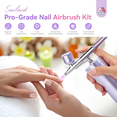 SAVILAND 7-in-1 Nail Airbrush Kit with Airbrush Gels & Cleaner Tools | Clog-Free Airbrush Gun with 6 Pink Gels, Cleaner, & Stencils, Instantly Atomizes for Flawless Aura & Ombre Nails - color: black, white, pink, nude