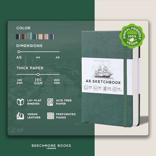 BEECHMORE BOOKS A5 5.8x8.3 Mixed Media Sketchbook 160 GSM/98LB, Gift Box | Hardcover Art Journal with Lay-Flat Binding, 156 Perforated Ivory Pages, Portable Size for Drawing, Ink & Light Watercolor - color: Dartmouth Green, size: A5 - 5.8" x 8.3" Medium