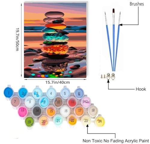 JUJUHOOD Sunset Beach Stone Paint by Numbers Beginner,Beach Scenery Paint by Number Kit for Adults, Adult Paint by Number Canvas with Paintbrushes and Acrylic Pigment16x20 inch,Sunset Beach Stone - color: Sunset Beach Stone