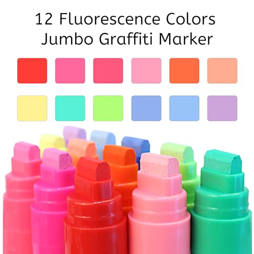 BIGTHUMB Jumbo Graffiti Poster Markers Set: 12 Neon Colors Large 15mm Wide Tip Permanent Ink Thick Acrylic Paint Pens for Rock Painting, Stone, Glass, Wood, Ceramic, Metal, Plastic, Fabric - color: Neon