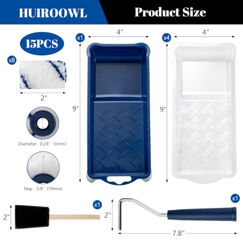 2 Inch Small Paint Roller Kit, 3/8” Nap, 15 Pack | Microfiber Paint Roller Covers, Paint Tray with Liner, Foam Brush, for small spaces, Windows, Cabinets, Walls and touch-ups