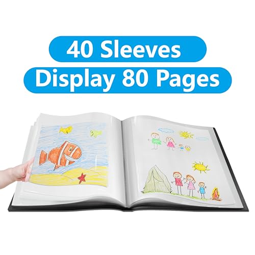 Presentation Book 40 Clear Pockets Sleeves Protectors Art Portfolio Clear Book for Artwork, Report Sheet, Letter (8.5x11.5inch - size: 8.5x11.5inch (Black)