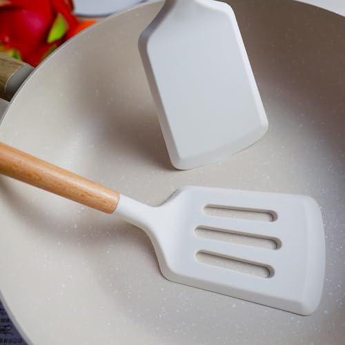 KLAQQED 2Pcs Silicone Spatula Set Turner Heat Resistant for Nonstick Cookware Rubber Wok Turner with Wood Handle, Plastic Spatula Silicone for Cooking Use Kitchen Utensils Set White - color: White