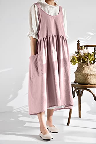 NEWGEM Japanese Cotton Cross Back Smock Apron for Women with Pockets Pink | Criss-Cross & No Ties, Cute Korean Pinafore Apron, Farm Style Work Apron for Kitchen Cooking, Baking, Gardening & Painting - color: 05 - Pink Without Waist Ties
