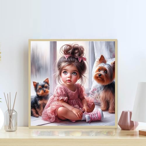 Accompany Wind Cute Dog and Girl Diamond Art Kits for Adults, Puppy Diamond Painting Kits for Beginners, 5D DIY Full Drill Round Diamonds Gem Art Crafts for Home Wall Decor Gifts 14x14 Inch - color: Cute girl