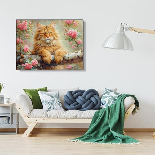 MIJVFNB Cross-Stitch Stamped Kits, Maine Coon on a Branch, Embroidery Crafts Needlepoint Kit, Beginners Starter Kits, DIY Handmade Gifts 11CT 3 Strands 12x16 inch