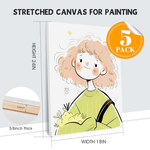 ESRICH Stretched Canvas for Painting 18x24 Inch, 5Pack Large Canvas for Painting, Primed Acid-Free Cotton Blank Canvases, Art Paint Canvases for Oil Paint,Watercolor,Acrylic Paint,Gouache and Tempera. - size: 18X24IN 5 Packs