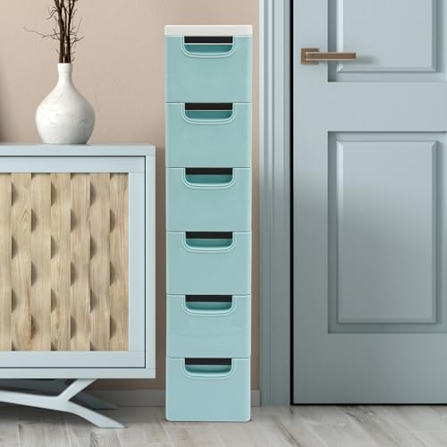 6 Drawers Plastic Storage Cabinet, Mobile Slim Utility Cart on Wheels, for Narrow Space Office Classroom Bedroom Bathroom (Blue) - color: Blue