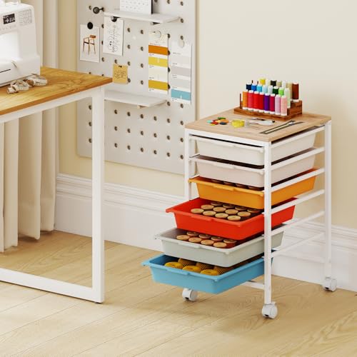 GOFLAME 6-Drawer Rolling Storage Cart, Craft Storage Cart with Wooden Tabletop and Lockable Wheels, Art Cart Supply Storage Organizer with Metal Frame for Home Office Classroom, Macaron Color - color: Macaron Color, size: 6-Drawer with Wood Top