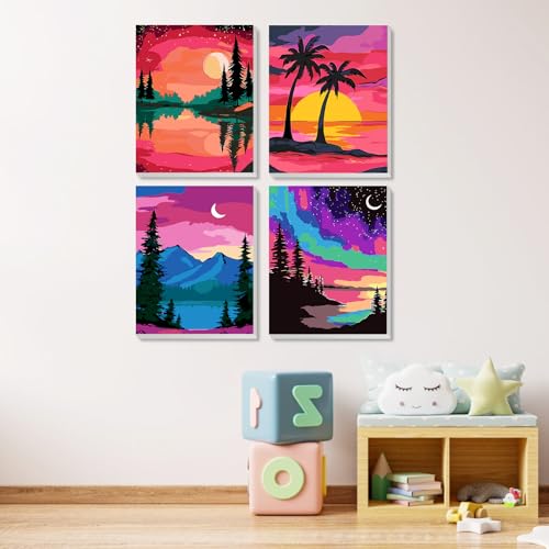 MXJSUA 4 Pack Moonlight Mountain Lake Framed Paint by Numbers Kit with Canvas for Adults Beginner, DIY Acrylic Oil Painting Kits with Brushes for Home Wall Decor Gift (8x10 inch) - color: Moonlight Mountain Lake
