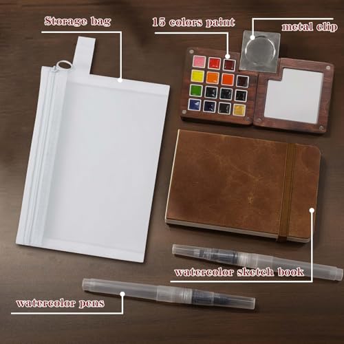 Mini Watercolor Paint Set - 15 Color Travel Watercolor Palette Set - Portable Water Color Paint Set with Watercolor Journal, Binder Clips,Pens,Storage Bag, Wooden Box for Beginners Painters Artists Student - color: Red 15 Colors with Sketchbook