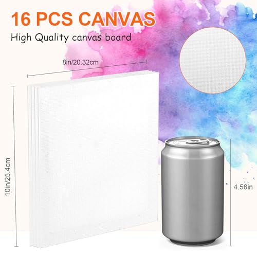 16 Pack 8x10in Canvas Painting Kit, Canvases Board & Easel & Acrylic Paint Set for Adults, Drawing Boards with Palette & Brushes for Party